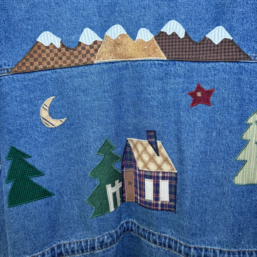 Baccini Womens Denim Jacket 2XL Embroidered Birdhouses Vintage Barn Jacket Moon - Picture 12 of 15